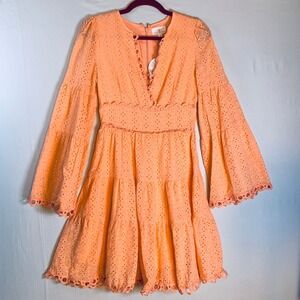 Lost + Wander XS Peach Eyelet Mini Dress Bell Sleeve V-Neck NWT